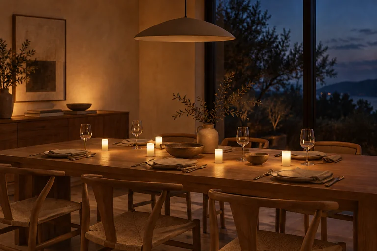 Glowing candles across a dining table at blue hour
