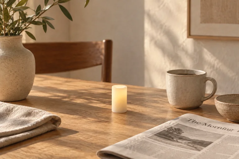 A candle on a sunlit breakfast table beside a mug and newspaper