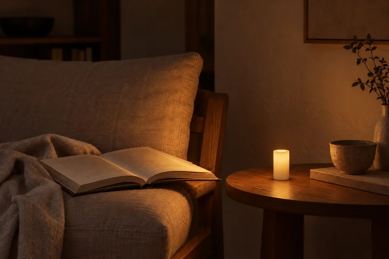 A glowing candle on a side table beside an open book and armchair