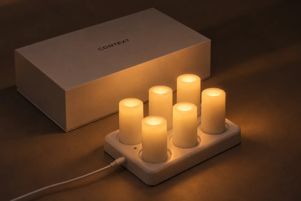 Six glowing Context candles on the included charging dock beside the box