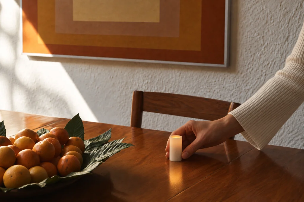 A hand placing a glowing Context candle on a wooden dining table beside a bowl of oranges