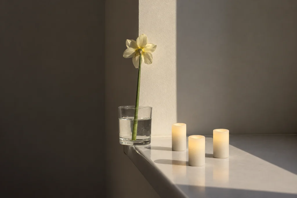 Three glowing Context candles on a pale stone ledge in window light